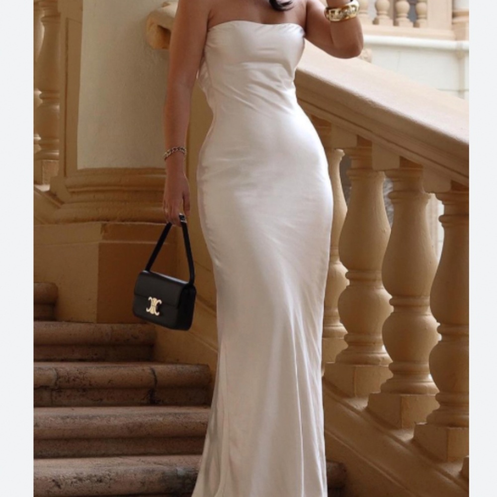 Strapless Cowl Back Satin Maxi Dress, Pearl, Small